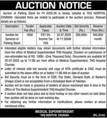 THQ Hospital Chunian Tender Notice